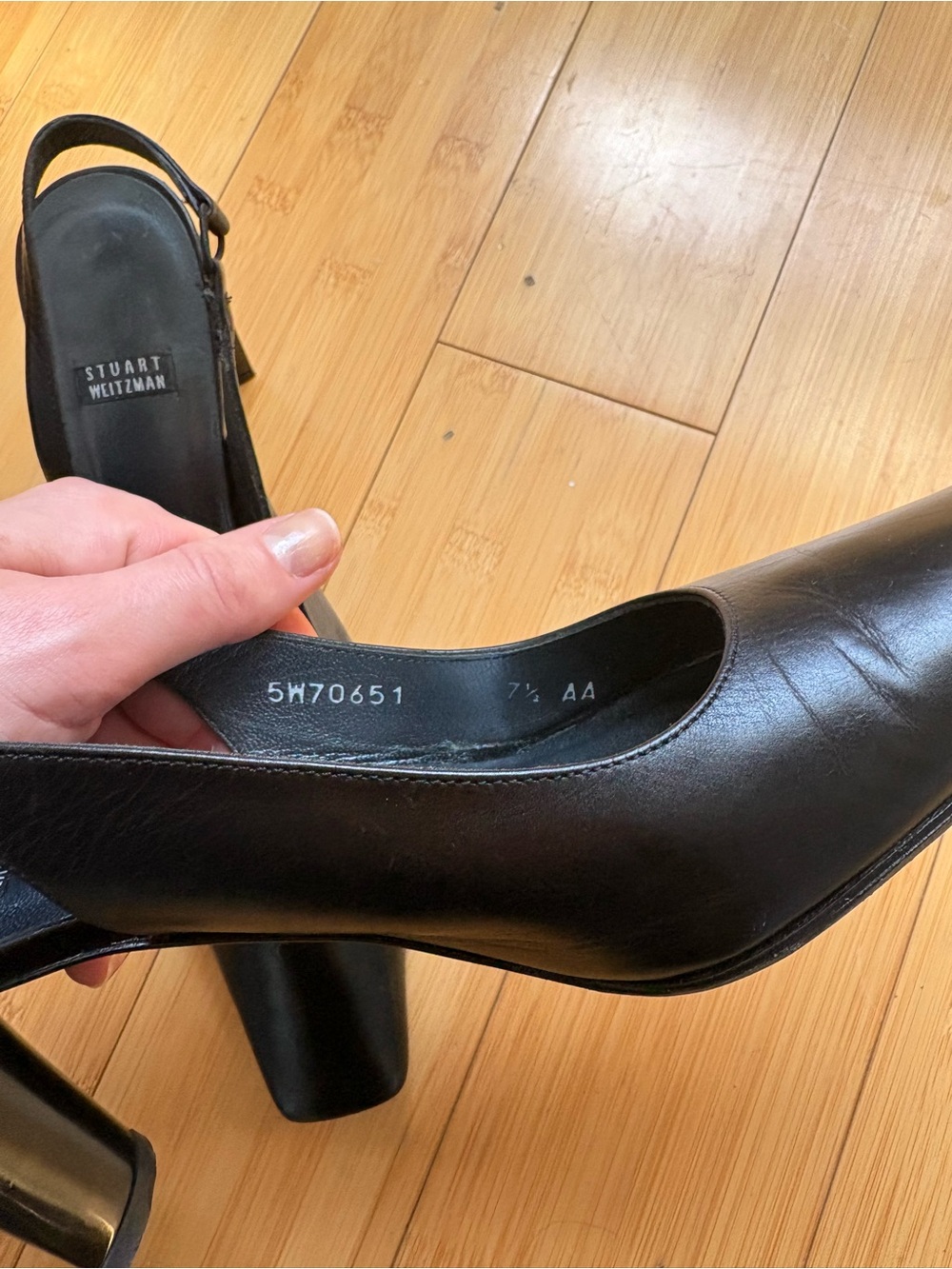 Stuart Weitzman Black Leather Square-Toe Slingbacks - Picture 5 of 7